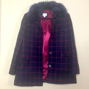 Crewcuts Windowpane Plaid 100% Wool Girl’s Peacoat Navy/Pink